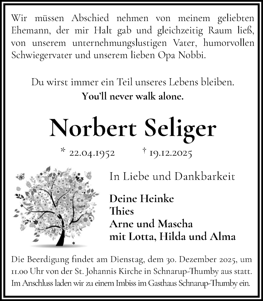  Traueranzeige für Norbert Seliger vom 27.12.2025 aus Flensburger Tageblatt, Schleswiger Nachrichten, Schlei-Bote