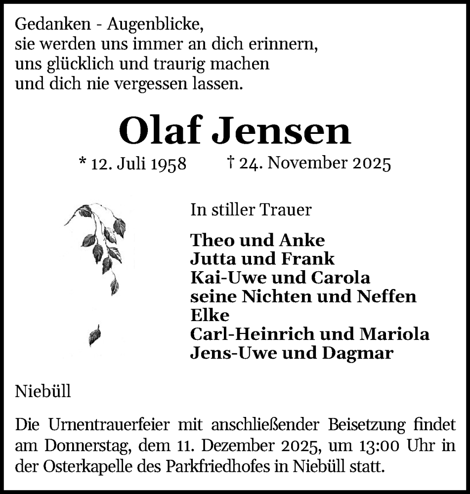  Traueranzeige für Olaf Jensen vom 06.12.2025 aus Husumer Nachrichten, Nordfriesland Tageblatt