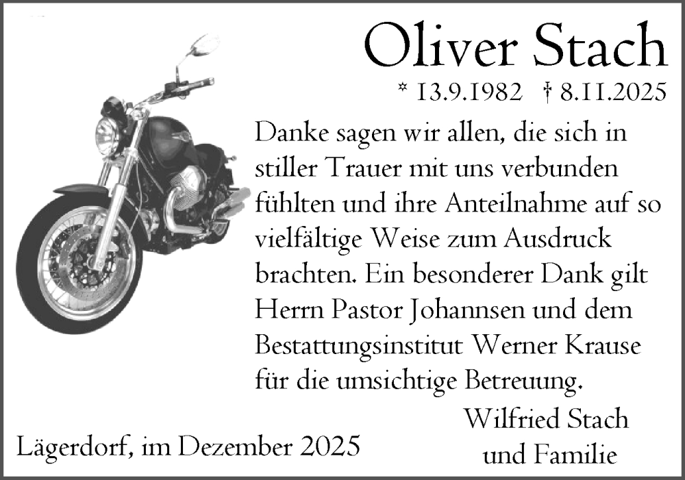  Traueranzeige für Oliver Stach vom 06.12.2025 aus Norddeutsche Rundschau, Wilstersche Zeitung, Glückstädter Fortuna