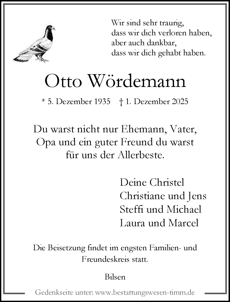  Traueranzeige für Otto Wördemann vom 13.12.2025 aus Umschau