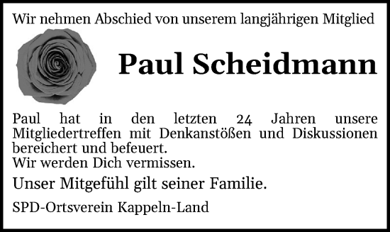 Traueranzeige von Paul Scheidmann von Schleswiger Nachrichten, Schlei-Bote
