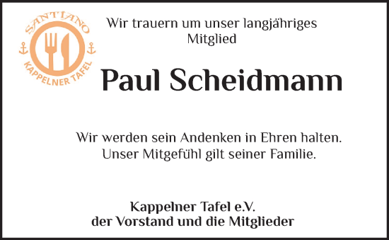 Traueranzeige von Paul Scheidmann von Schleswiger Nachrichten, Schlei-Bote