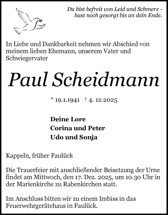 Traueranzeige von Paul Scheidmann von Schleswiger Nachrichten, Schlei-Bote