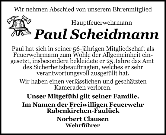 Traueranzeige von Paul Scheidmann von Schleswiger Nachrichten, Schlei-Bote