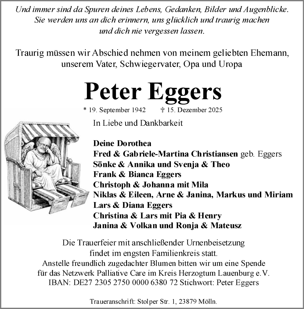  Traueranzeige für Peter Eggers vom 27.12.2025 aus MARKT Ratzeburg/Mölln