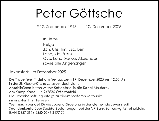 Traueranzeige von Peter Göttsche von Schleswig-Holsteinische Landeszeitung