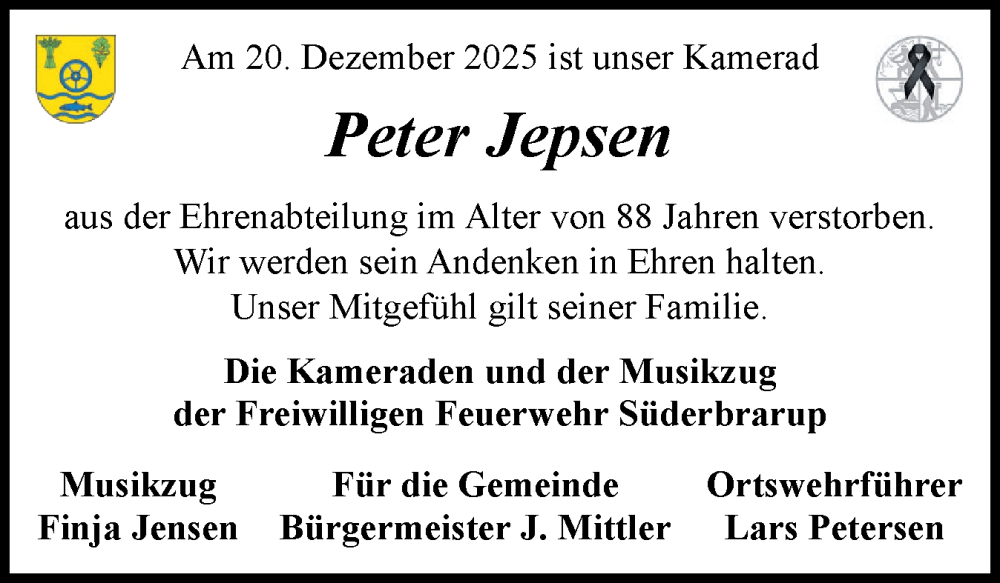 Traueranzeige für Peter Jepsen vom 29.12.2025 aus Schleswiger Nachrichten, Schlei-Bote