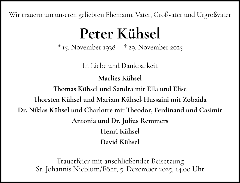 Traueranzeige für Peter Kühsel vom 03.12.2025 aus Der Insel-Bote
