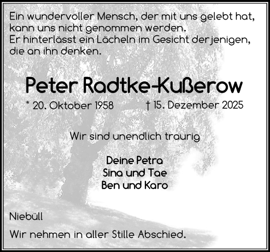 Traueranzeige von Peter Radtke-Kußerow von Husumer Nachrichten, Nordfriesland Tageblatt
