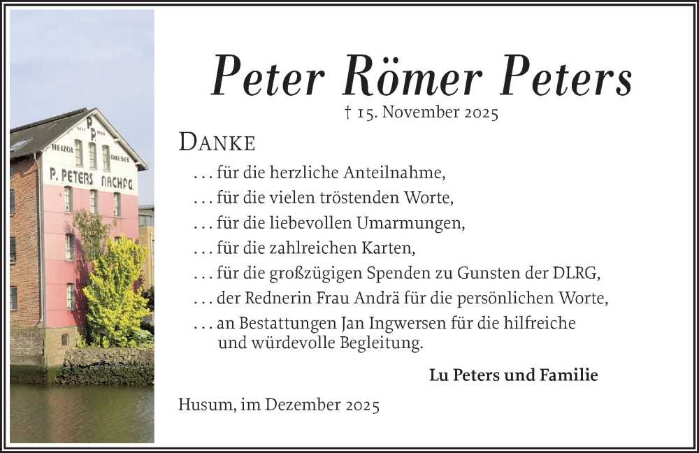 Traueranzeige für Peter Römer Peters vom 19.12.2025 aus Husumer Nachrichten, Nordfriesland Tageblatt