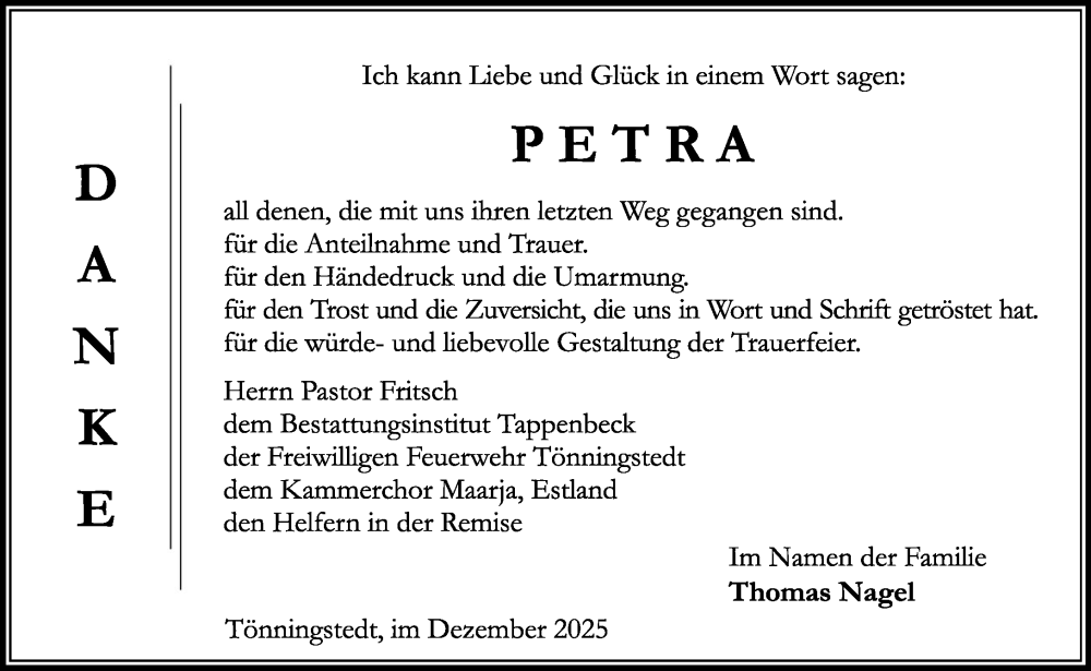  Traueranzeige für Petra  vom 06.12.2025 aus MARKT Ahrensburg/Bargteheide/Trittau und Stormarner Tageblatt