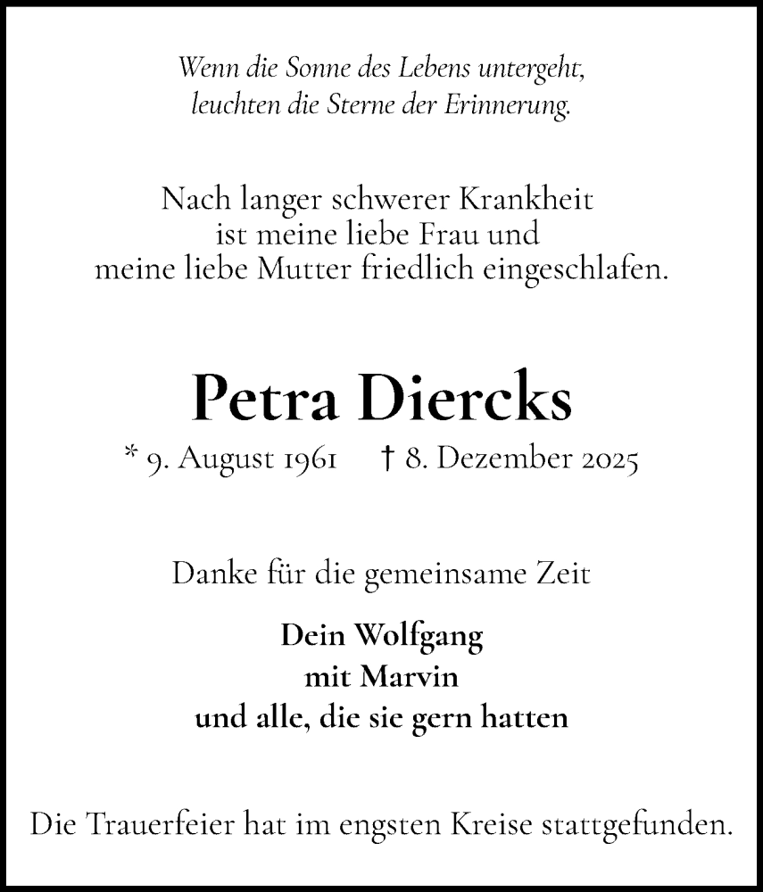  Traueranzeige für Petra Diercks vom 20.12.2025 aus Elmshorner Nachrichten, Barmstedter Zeitung