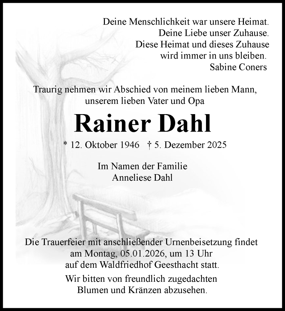  Traueranzeige für Rainer Dahl vom 20.12.2025 aus Wochenend Anzeiger