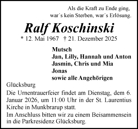 Traueranzeige von Ralf Koschinski von Flensburger Tageblatt