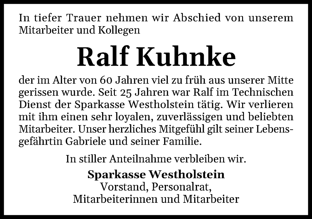  Traueranzeige für Ralf Kuhnke vom 20.12.2025 aus Norddeutsche Rundschau, Wilstersche Zeitung, Glückstädter Fortuna