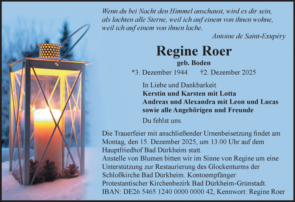  Traueranzeige für Regine Roer vom 13.12.2025 aus Wedel-Schulauer Tageblatt, tip Wedel-Schulauer Tageblatt, tip Rissener Rundschau