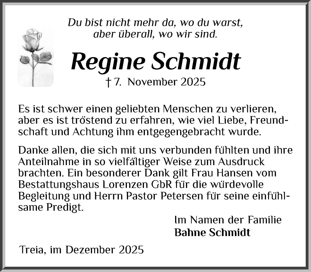  Traueranzeige für Regine Schmidt vom 27.12.2025 aus Region Flensburg