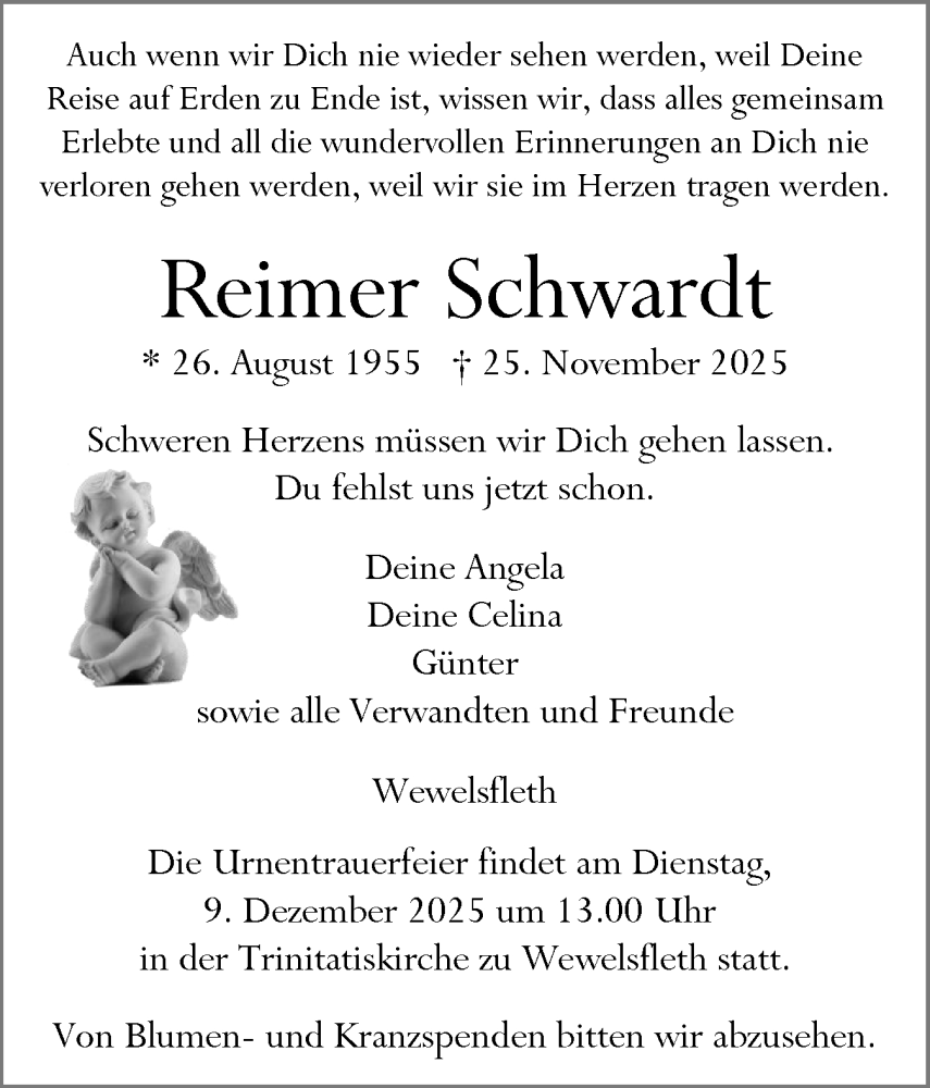  Traueranzeige für Reimer Schwardt vom 06.12.2025 aus Norddeutsche Rundschau, Wilstersche Zeitung, Glückstädter Fortuna