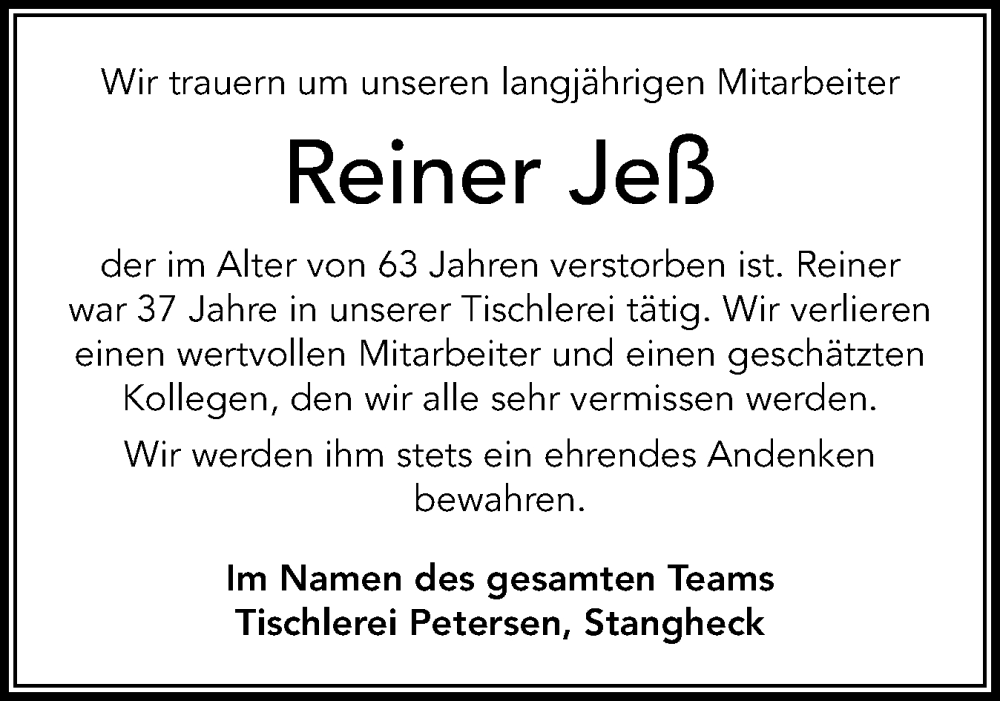  Traueranzeige für Reiner Jeß vom 06.12.2025 aus Flensburger Tageblatt