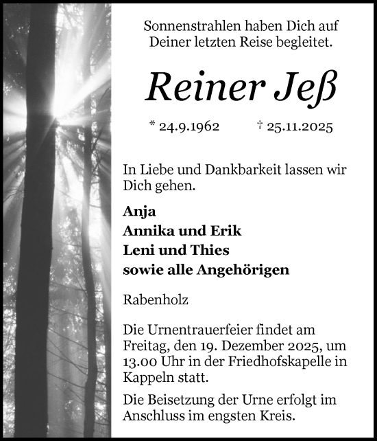 Traueranzeige von Reiner Jeß von Flensburger Tageblatt