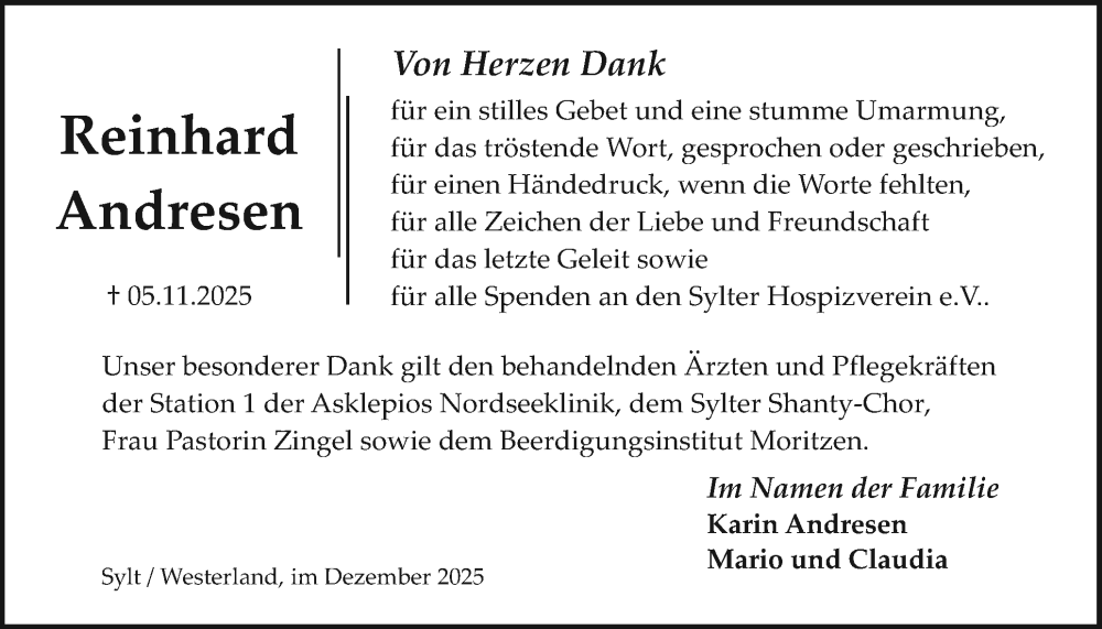  Traueranzeige für Reinhard Andresen vom 06.12.2025 aus Sylter Rundschau