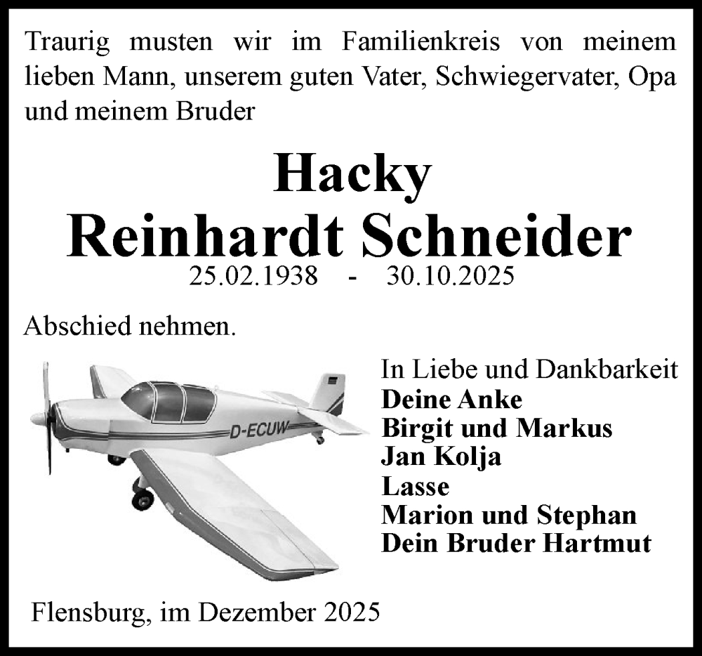  Traueranzeige für Reinhardt Schneider vom 13.12.2025 aus Flensburger Tageblatt