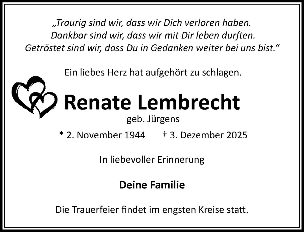  Traueranzeige für Renate Lembrecht vom 20.12.2025 aus Heimatspiegel