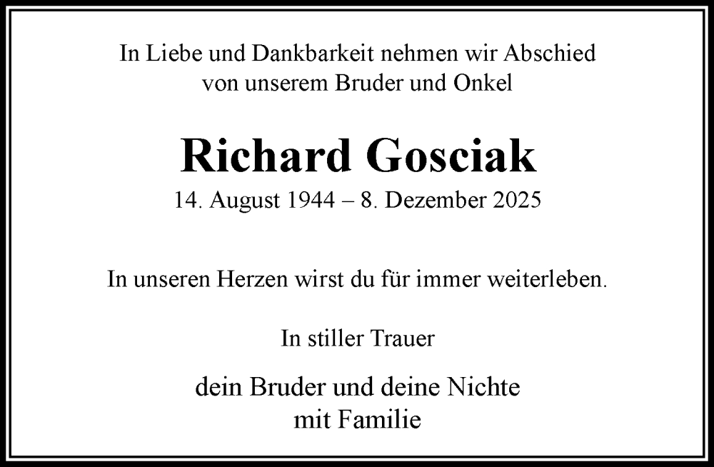  Traueranzeige für Richard Gosciak vom 13.12.2025 aus MARKT Ratzeburg/Mölln