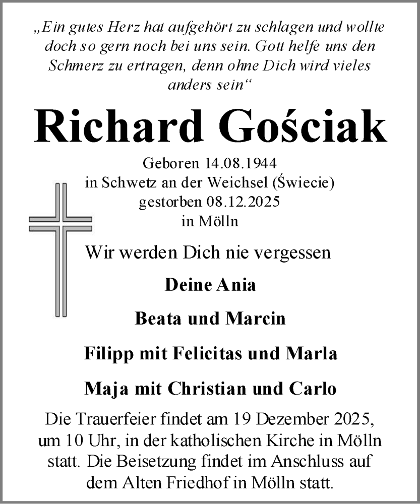  Traueranzeige für Richard Gosciak vom 13.12.2025 aus MARKT Ratzeburg/Mölln