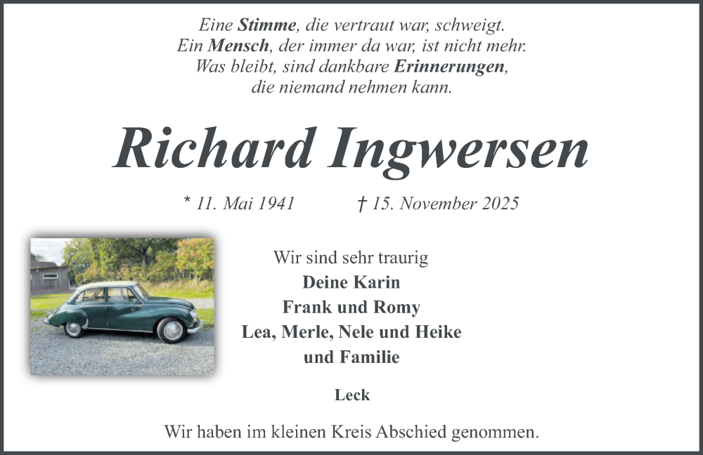  Traueranzeige für Richard Ingwersen vom 02.12.2025 aus Husumer Nachrichten, Nordfriesland Tageblatt