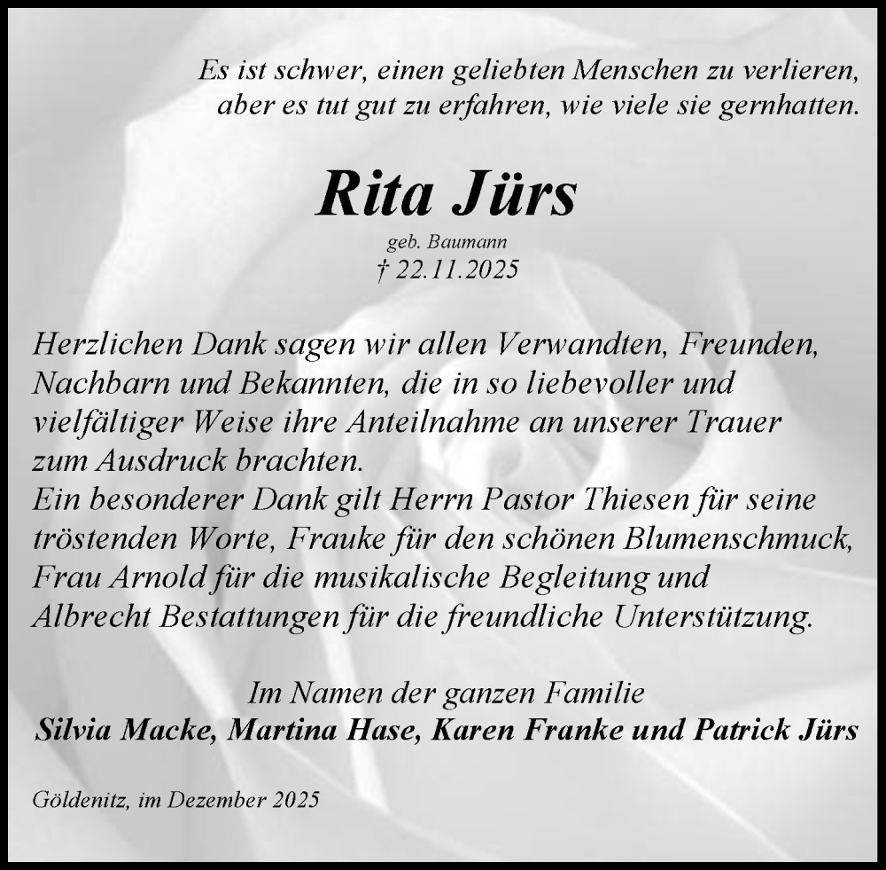  Traueranzeige für Rita Jürs vom 27.12.2025 aus MARKT Ratzeburg/Mölln