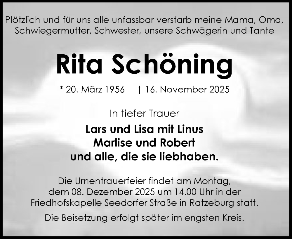  Traueranzeige für Rita Schöning vom 06.12.2025 aus MARKT Ratzeburg/Mölln