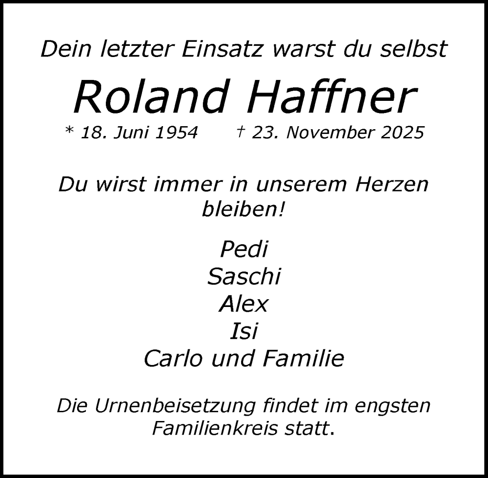  Traueranzeige für Roland Haffner vom 06.12.2025 aus MARKT Glinde/Reinfeld