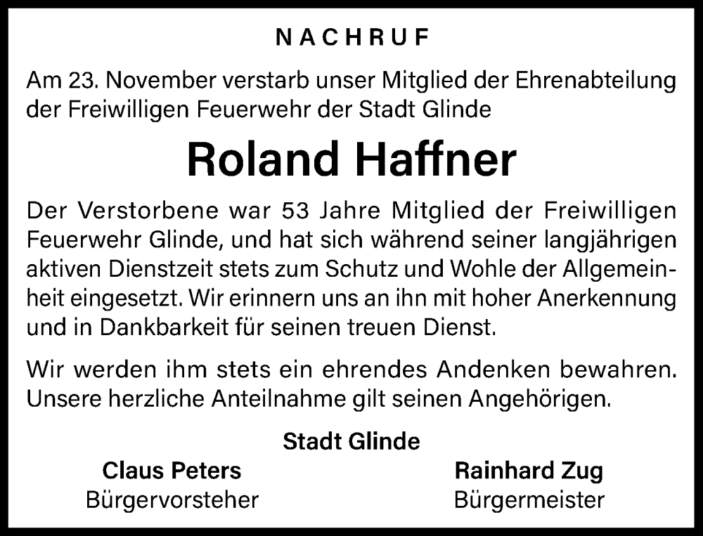  Traueranzeige für Roland Haffner vom 06.12.2025 aus MARKT Glinde/Reinfeld