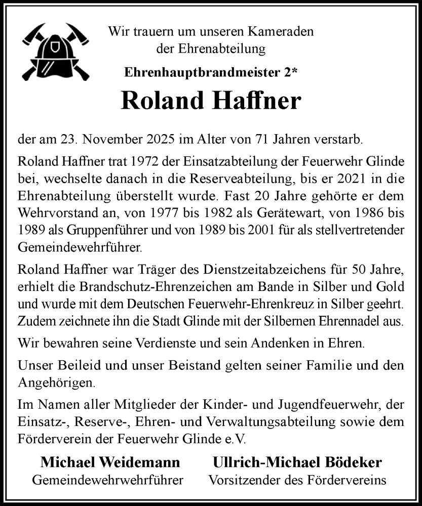  Traueranzeige für Roland Haffner vom 06.12.2025 aus MARKT Glinde/Reinfeld