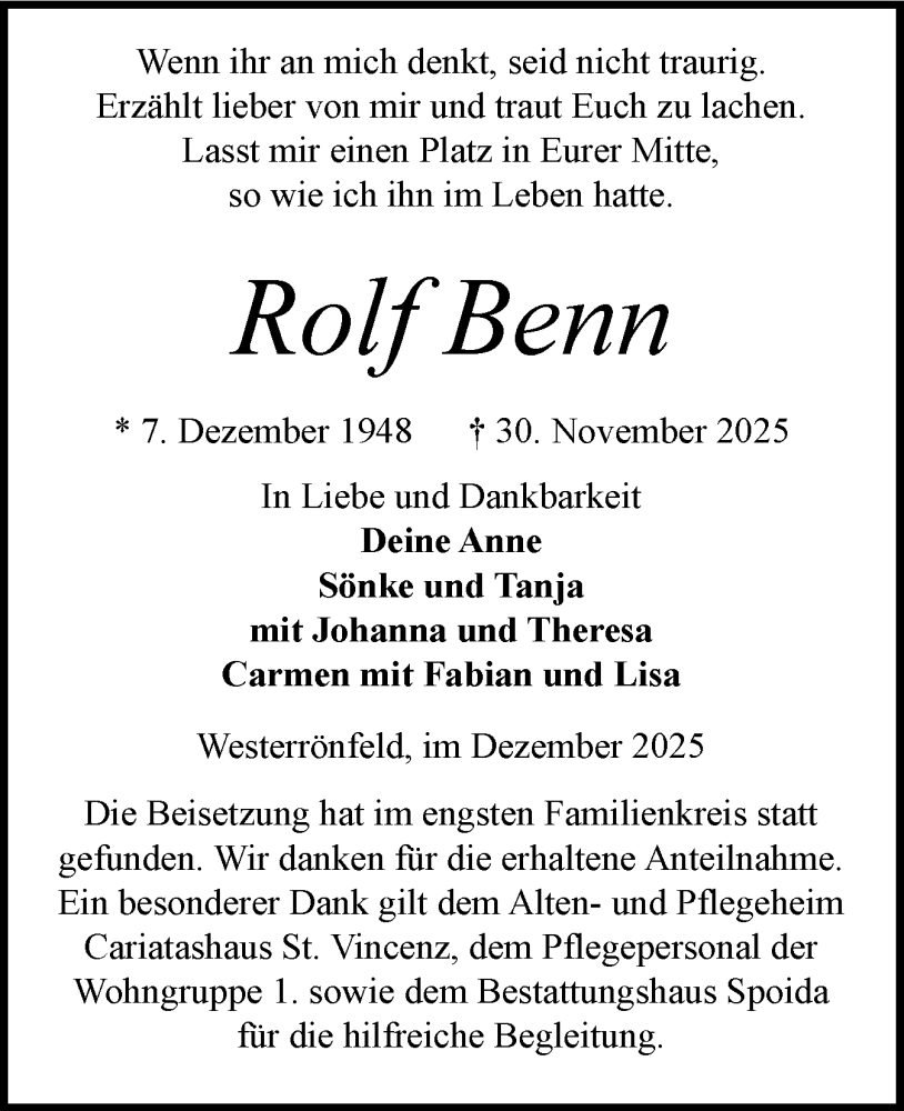  Traueranzeige für Rolf Benn vom 27.12.2025 aus Schleswig-Holsteinische Landeszeitung