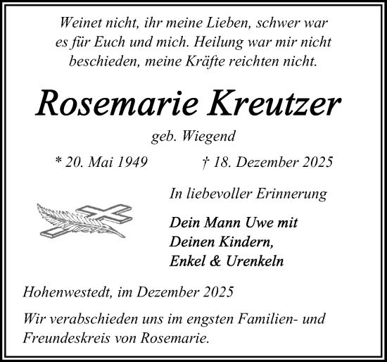 Traueranzeige von Rosemarie Kreutzer von Schleswig-Holsteinische Landeszeitung