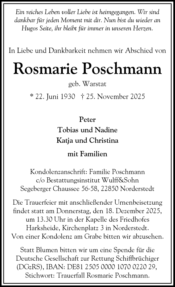  Traueranzeige für Rosmarie Poschmann vom 06.12.2025 aus Heimatspiegel