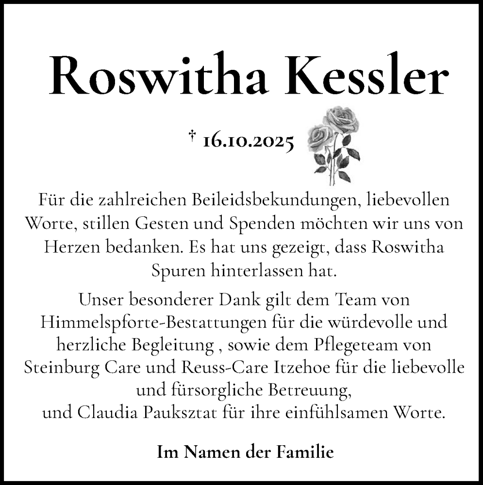 Traueranzeige für Roswitha Kessler vom 27.12.2025 aus Norddeutsche Rundschau, Wilstersche Zeitung, Glückstädter Fortuna