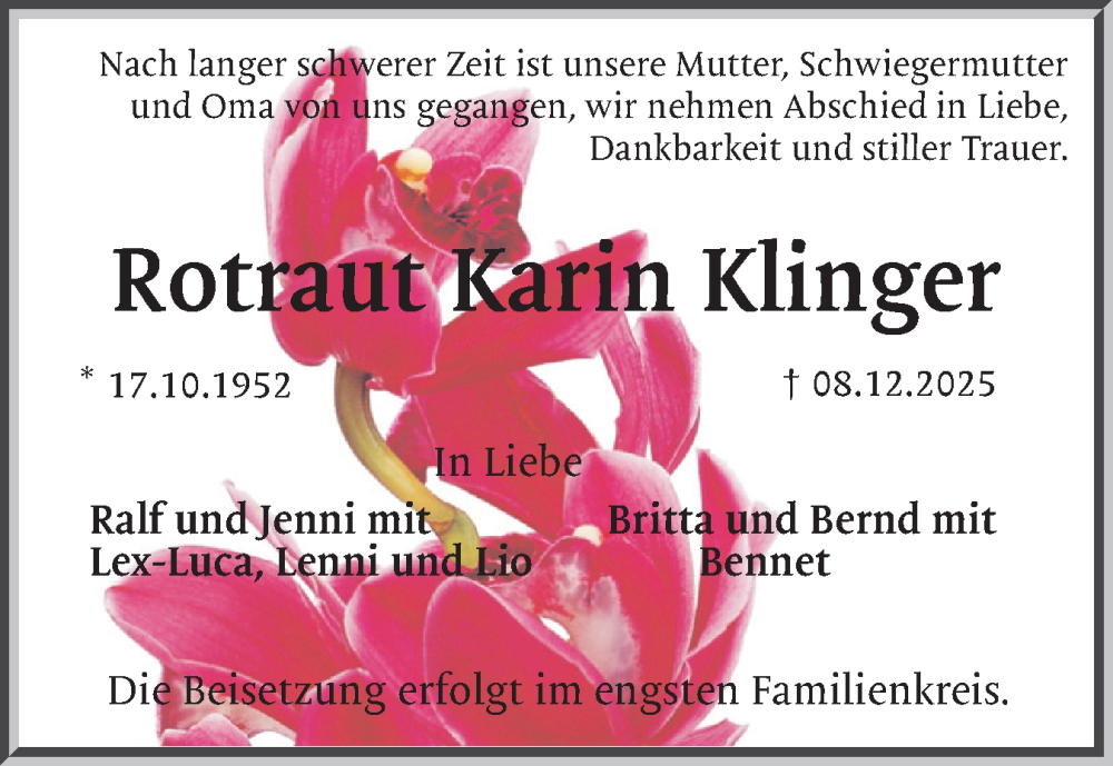  Traueranzeige für Rotraut Karin Klinger vom 20.12.2025 aus Eckernförder Zeitung, Hallo Eckernförde