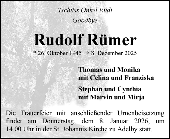 Traueranzeige von Rudolf Rümer von Flensburger Tageblatt