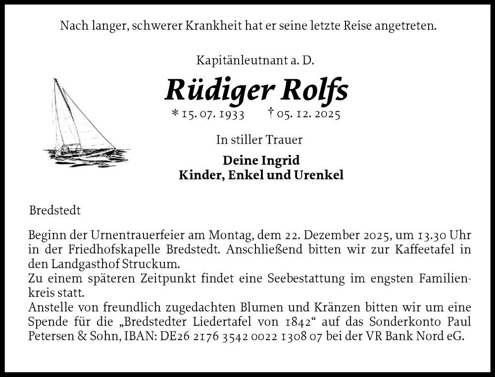  Traueranzeige für Rüdiger Rolfs vom 13.12.2025 aus Husumer Nachrichten, Nordfriesland Tageblatt