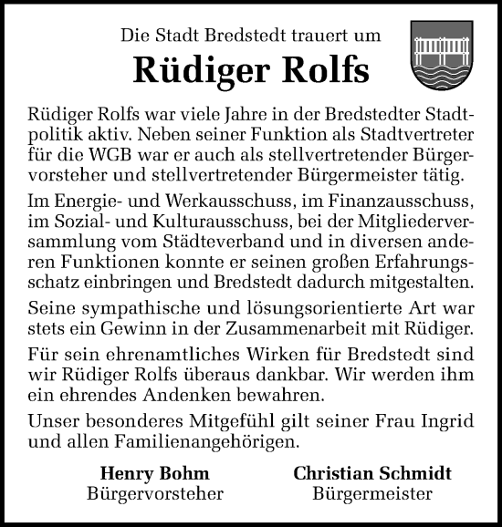 Traueranzeige von Rüdiger Rolfs von Husumer Nachrichten, Nordfriesland Tageblatt
