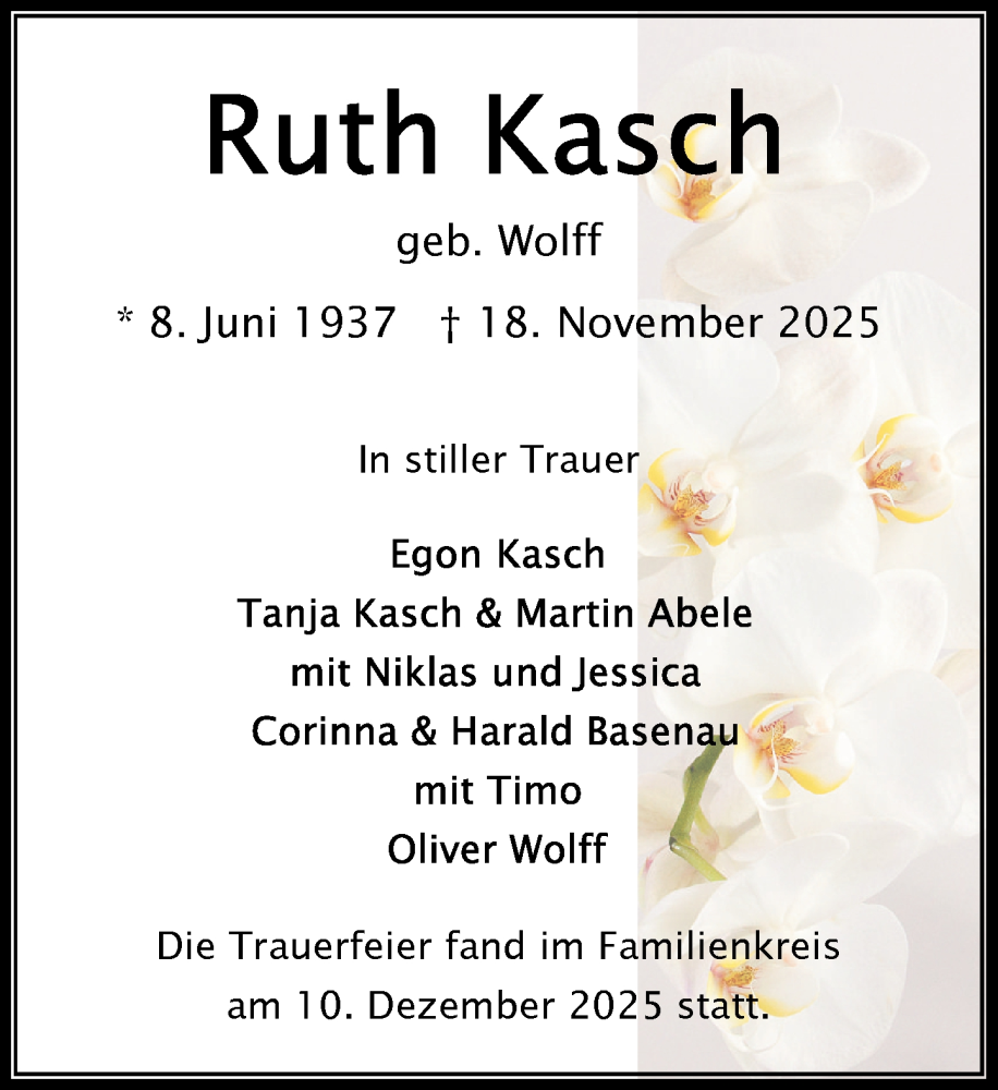  Traueranzeige für Ruth Kasch vom 13.12.2025 aus MARKT Bad Oldesloe/Reinfeld und Stormarner Tageblatt