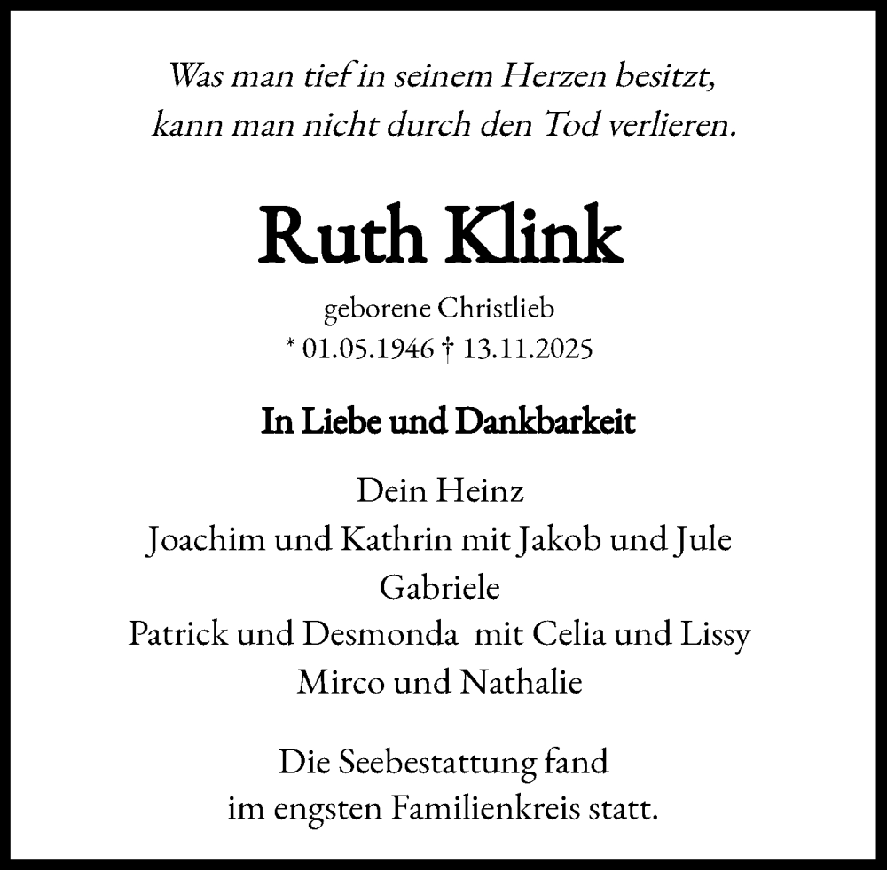  Traueranzeige für Ruth Klink vom 06.12.2025 aus Heimatspiegel