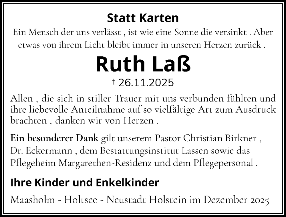  Traueranzeige für Ruth Laß vom 30.12.2025 aus Schleswiger Nachrichten, Schlei-Bote