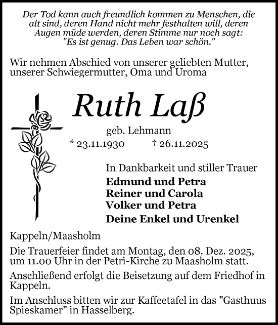 Traueranzeige von Ruth Laß von Schleswiger Nachrichten, Schlei-Bote