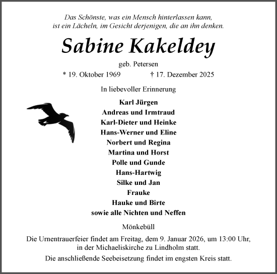 Traueranzeige von Sabine Kakeldey von Husumer Nachrichten, Nordfriesland Tageblatt