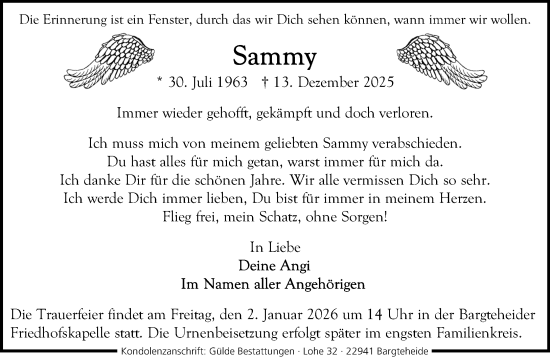 Traueranzeige von Sammy  von MARKT Ahrensburg/Bargteheide/Trittau und Stormarner Tageblatt