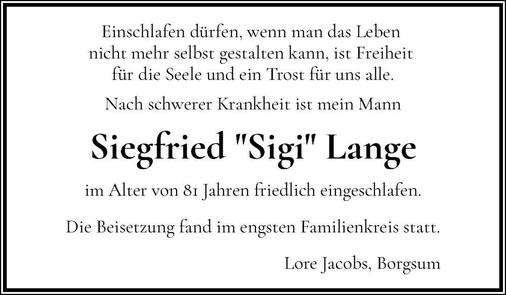  Traueranzeige für Siegfried Lange vom 17.12.2025 aus Der Insel-Bote